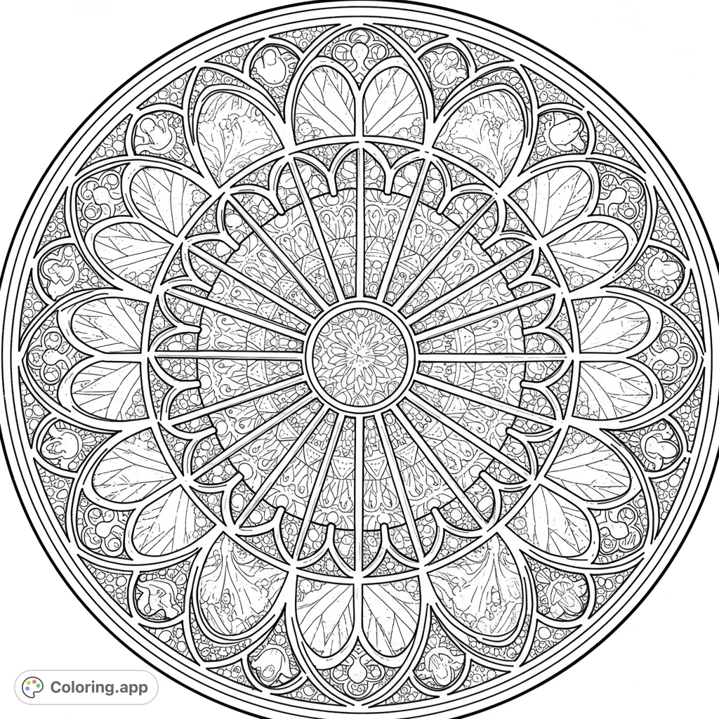 An intricate circular design resembling a gothic rose window or mandala, featuring detailed floral and geometric patterns within its many sections. Perfect for mindful coloring.