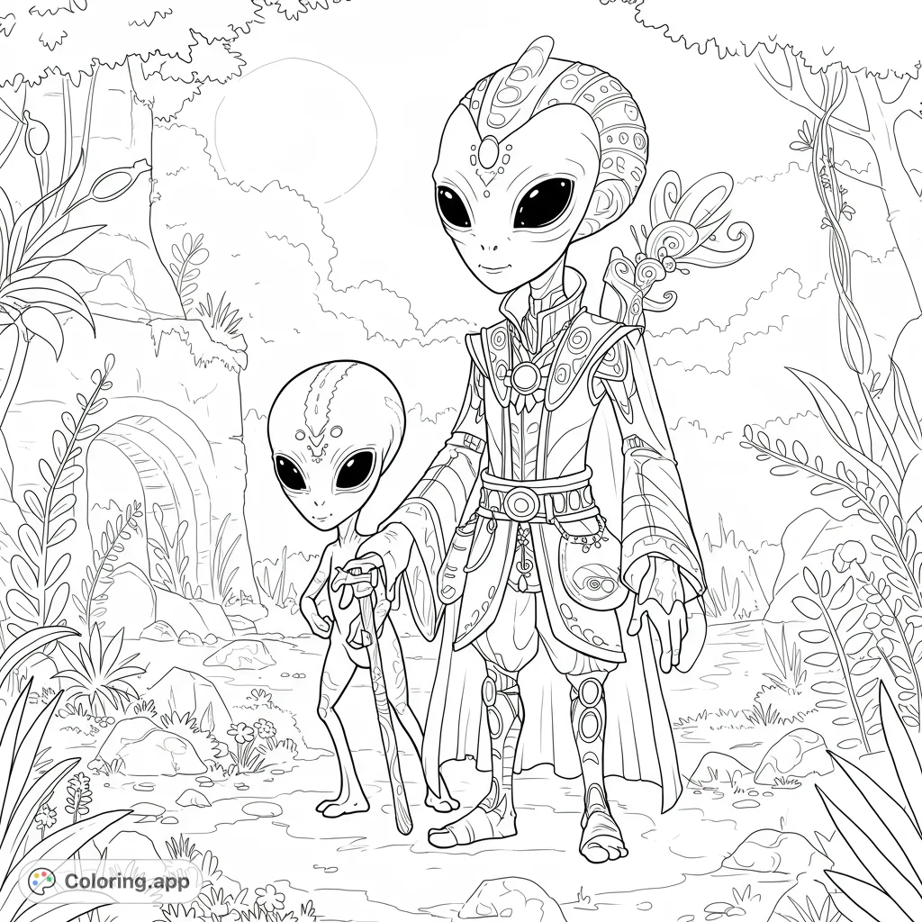Explore an alien forest with two unique extraterrestrial beings in this captivating futuristic alien coloring page. Perfect for all ages!