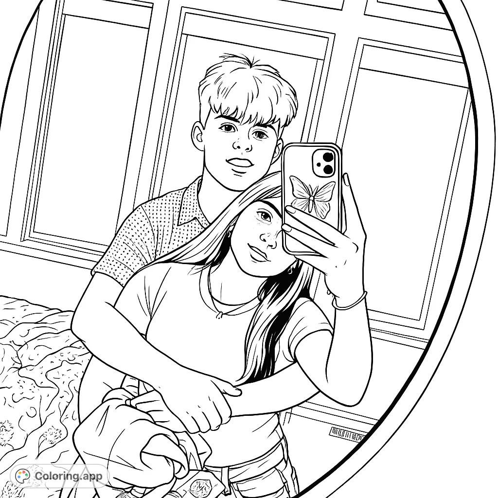 Capture a sweet moment with this couple selfie coloring page. Features a young couple in a mirror reflection, perfect for personalizing with your favorite colors.