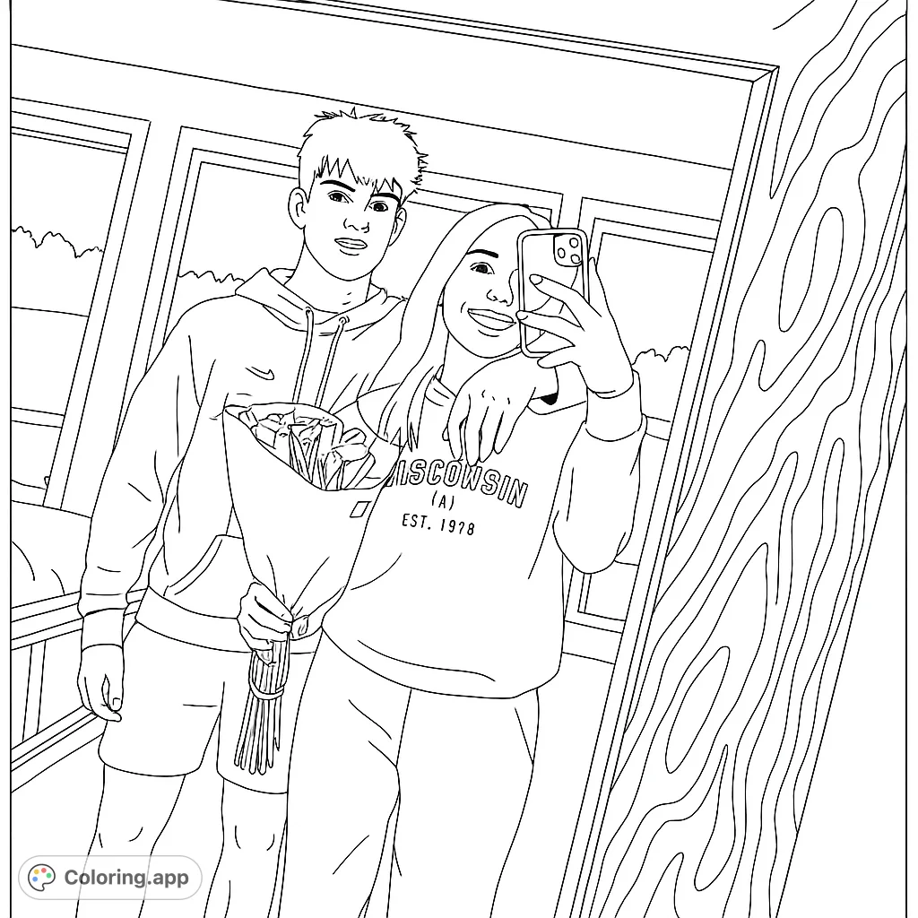 Capture a sweet moment with this couple selfie coloring page, featuring flowers and a romantic vibe. A free printable coloring page for all ages!