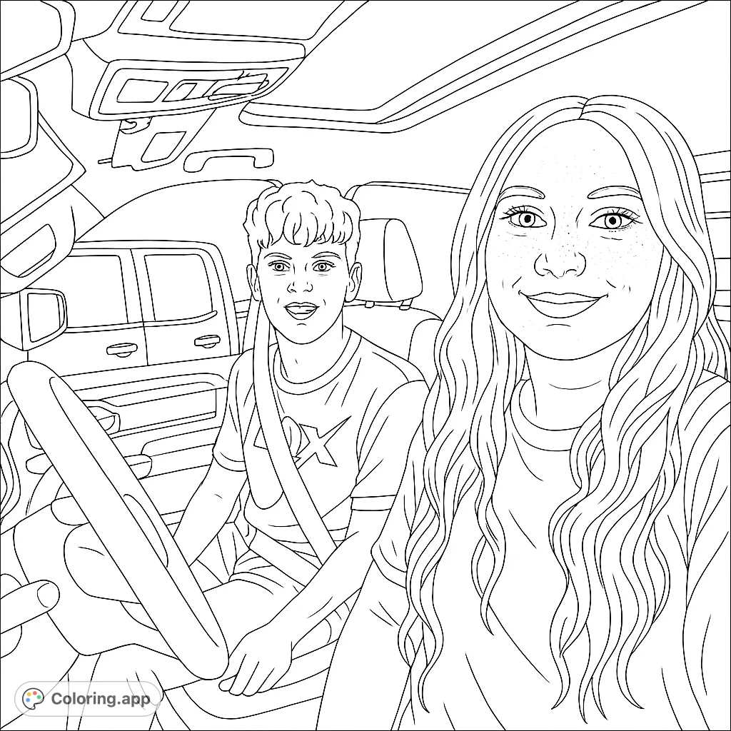 Two smiling friends on a fun road trip adventure in their car. A free printable car ride coloring page for kids and adults to enjoy.