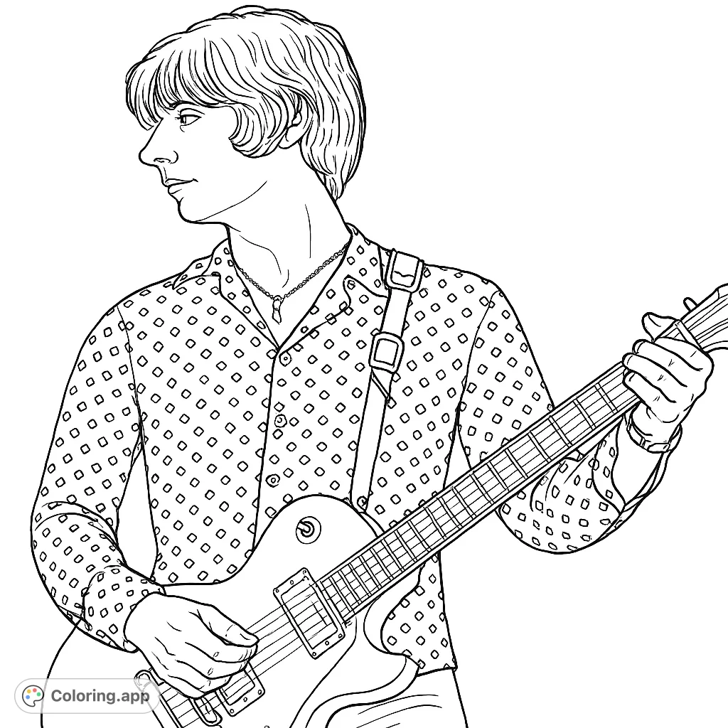 Detailed coloring page of a musician playing an electric guitar. Features intricate patterns and textures for creative coloring fun.