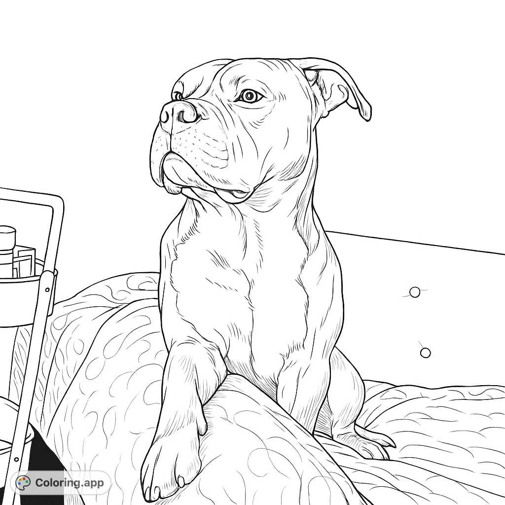 A charming bulldog-type dog sits alertly on a textured couch, one paw resting on the cushion. A delightful free printable dog coloring page.