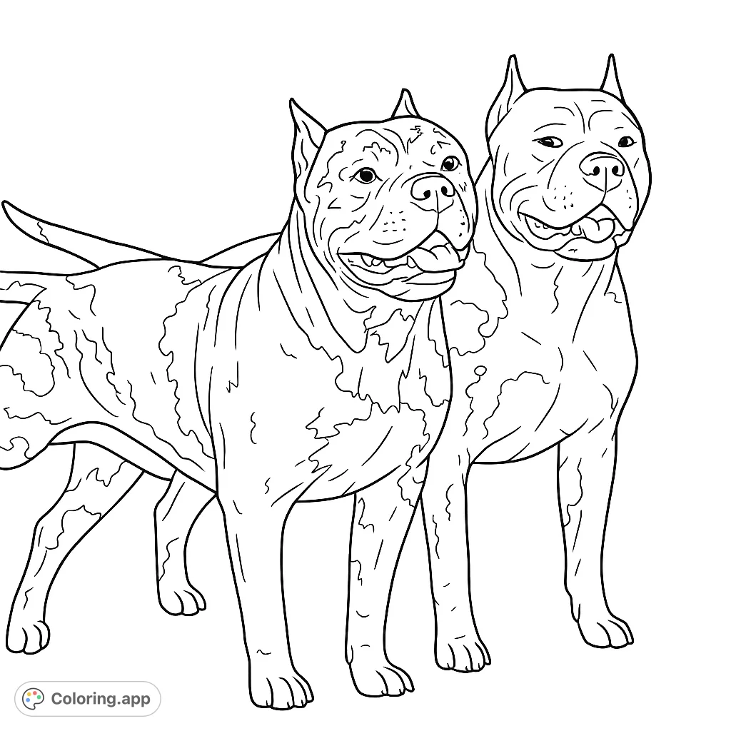 Two majestic, muscular canines stand side-by-side, showcasing their strong build and unique speckled coat patterns. A detailed animal coloring page for all ages.