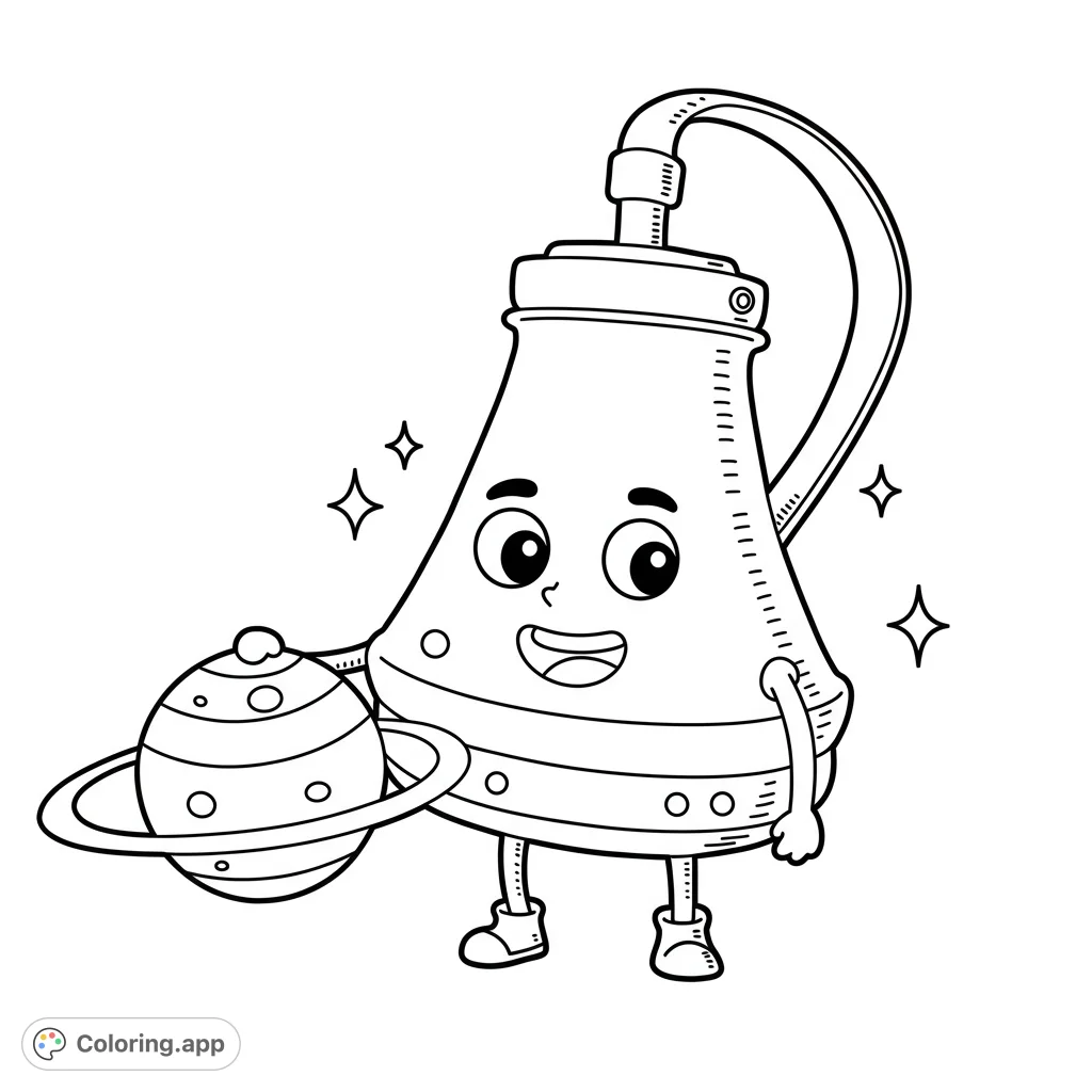 A cheerful science flask character holding a ringed planet, surrounded by stars. A fun, free printable science coloring page for kids and adults.