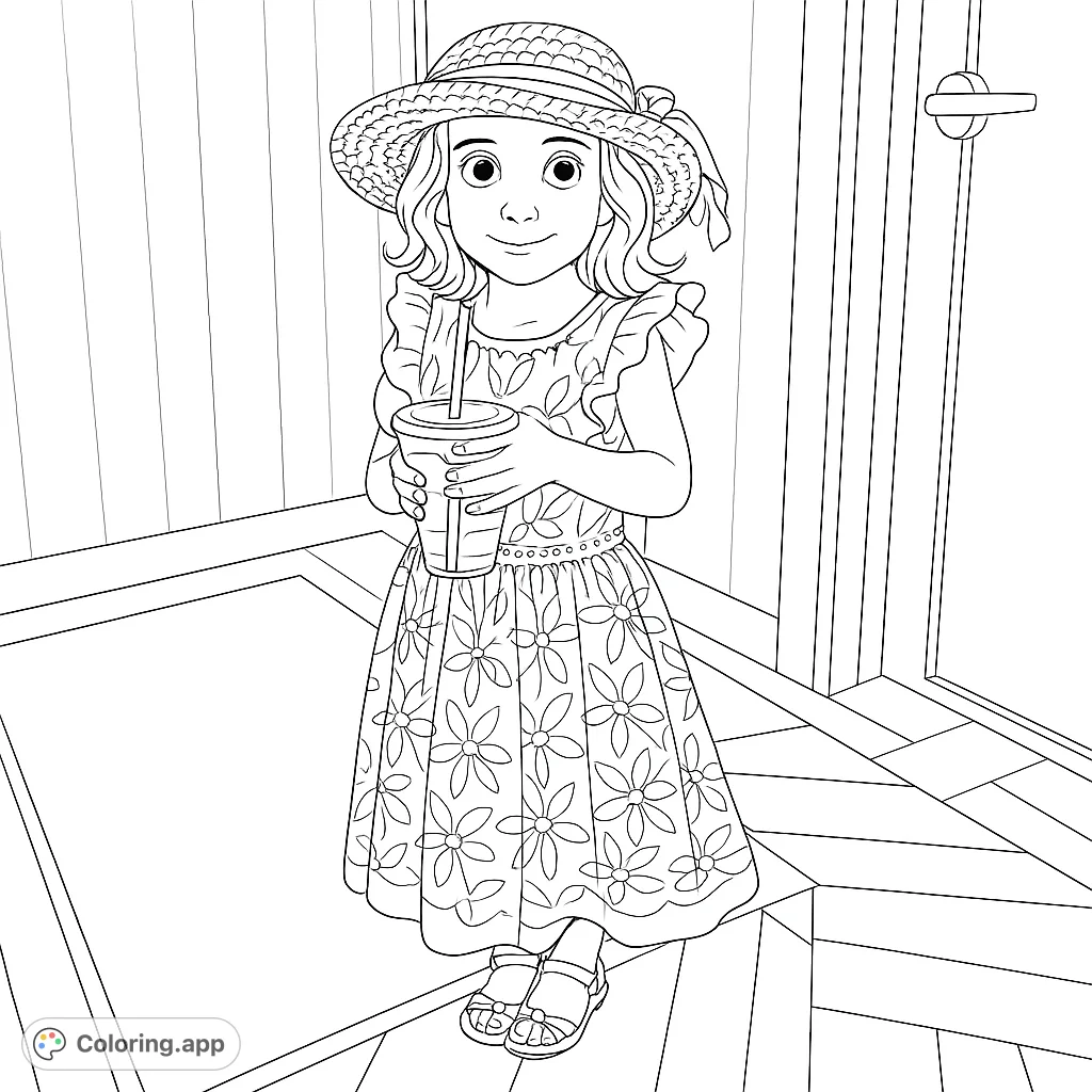 An adorable girl in a charming floral dress and straw hat, holding a refreshing drink. A delightful summer-themed coloring page for all ages.