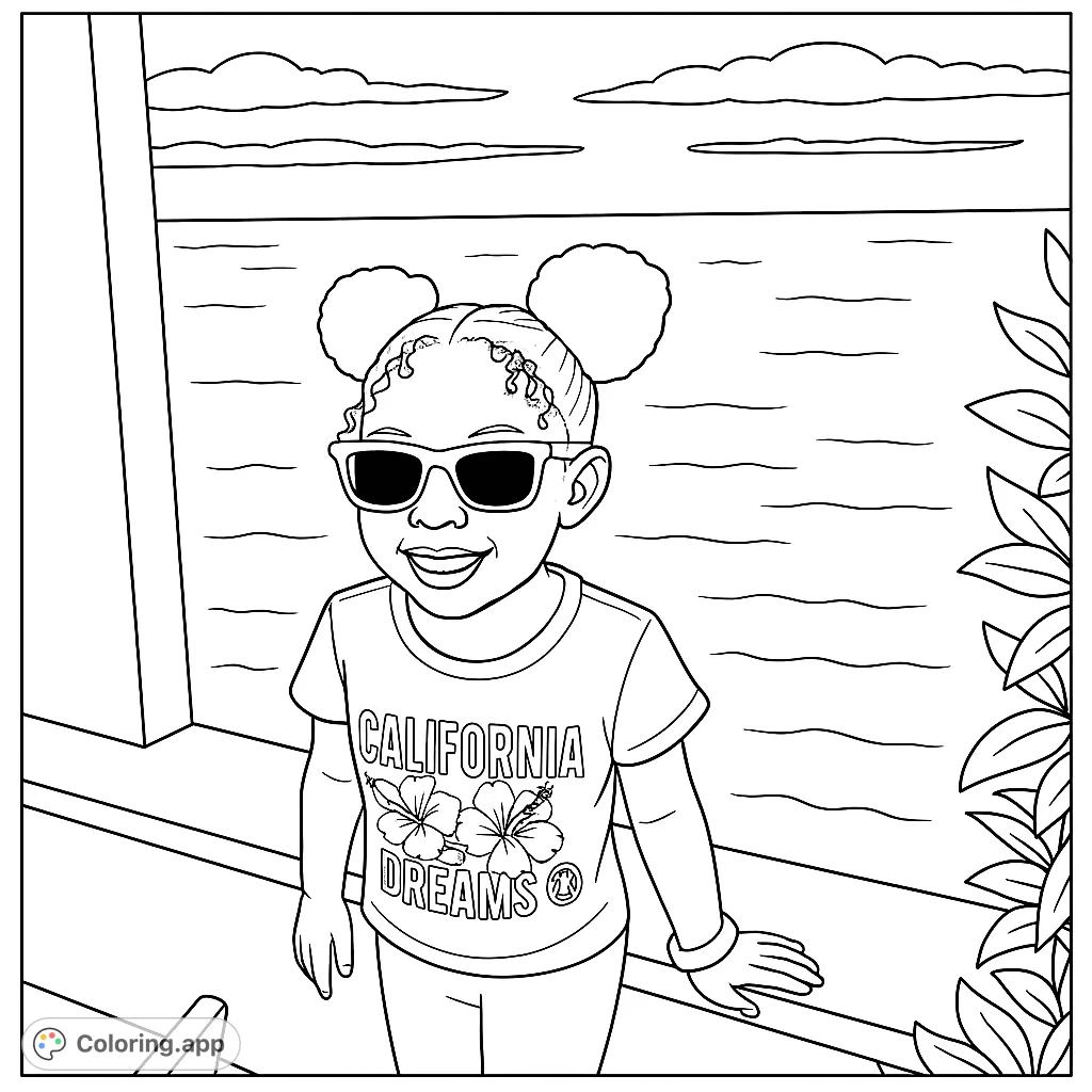 A cheerful girl in sunglasses and a 'California Dreams' shirt, standing by calm water with clouds above. Perfect for a sunny day coloring page.