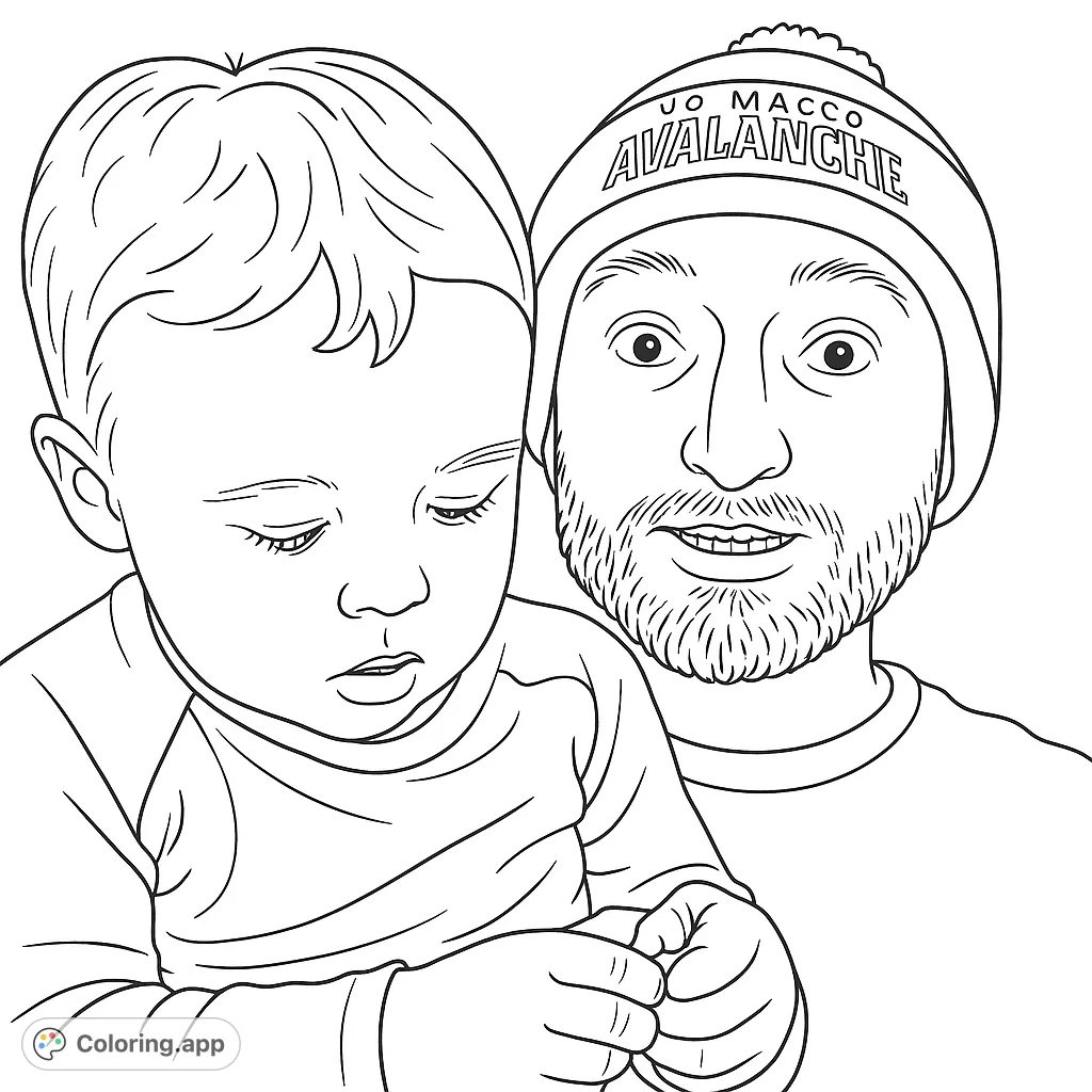 A heartwarming family portrait coloring page featuring a man and a young child, perfect for a free printable coloring page for kids and adults.