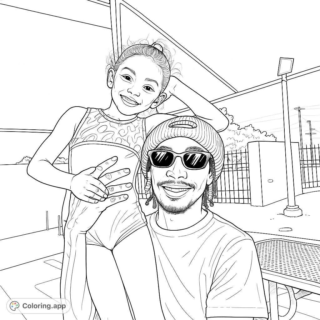A heartwarming family bonding coloring page featuring a smiling father and daughter in an outdoor setting, perfect for free printable coloring page fun.