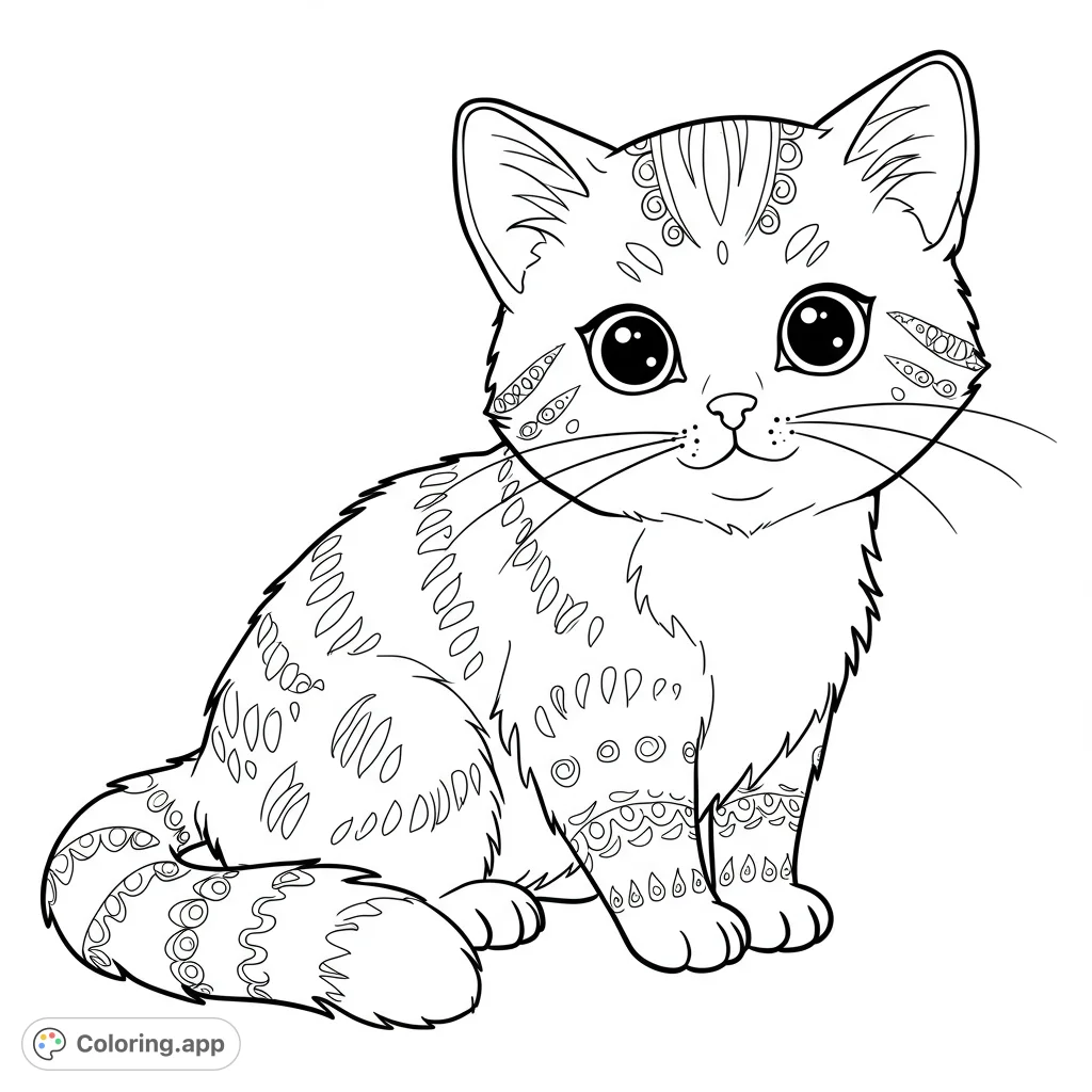 An adorable patterned cat coloring page featuring a whimsical kitten with intricate designs, perfect for creative expression and relaxation.