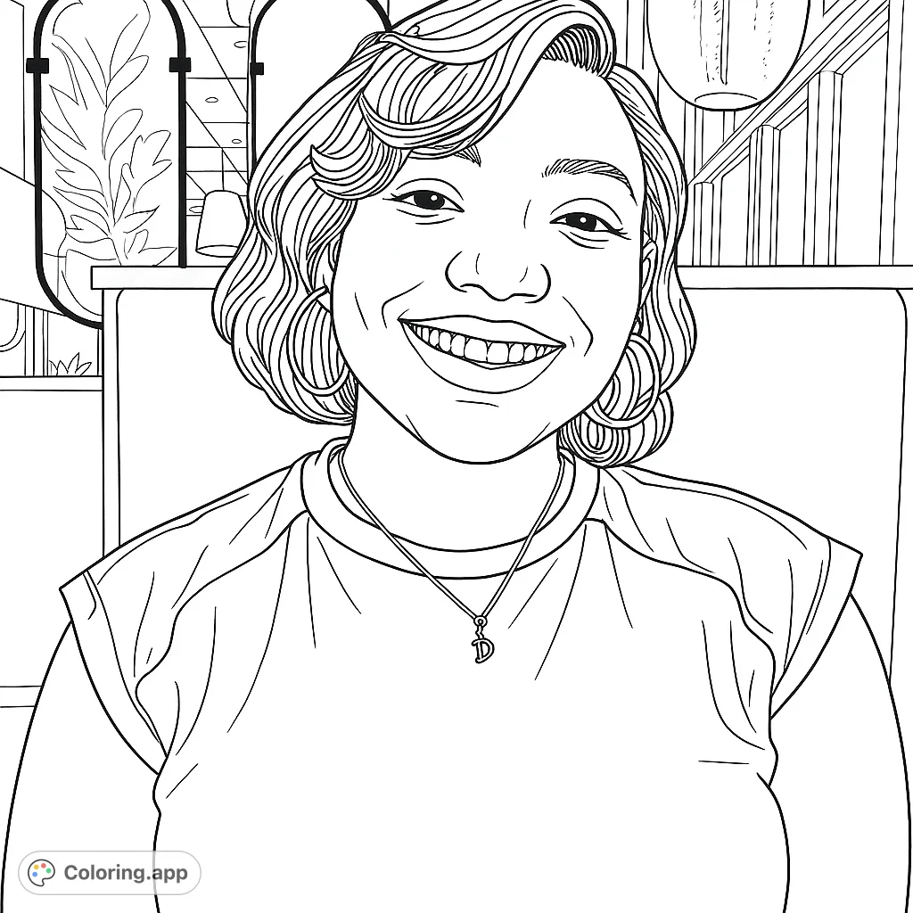 A joyful woman with curly hair and a bright smile, wearing a necklace, set against a modern indoor background. Perfect for a relaxing coloring experience.