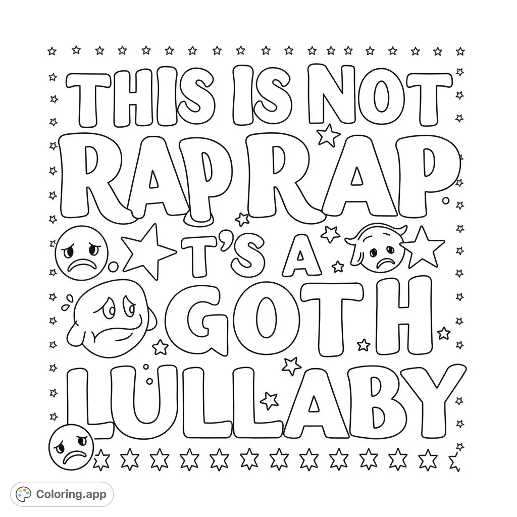 A unique goth-themed text art coloring page with bold bubble letters, scattered stars, and expressive sad emojis, perfect for creative coloring.