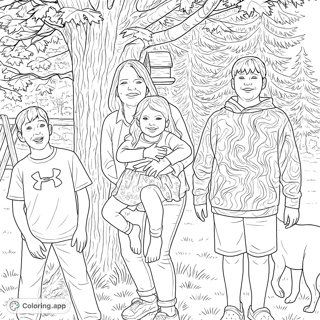 A heartwarming family outdoor scene featuring a mother, three children, and a dog amidst trees and grass. Perfect for a free printable family coloring page.