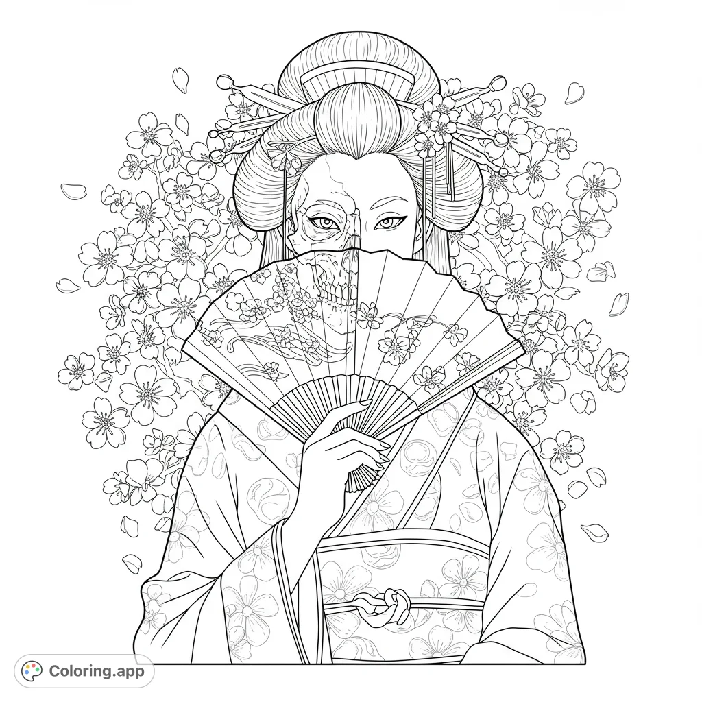 An enigmatic Japanese folklore coloring page featuring a geisha with a skull face, holding a fan amidst delicate cherry blossoms. A unique free printable coloring page.