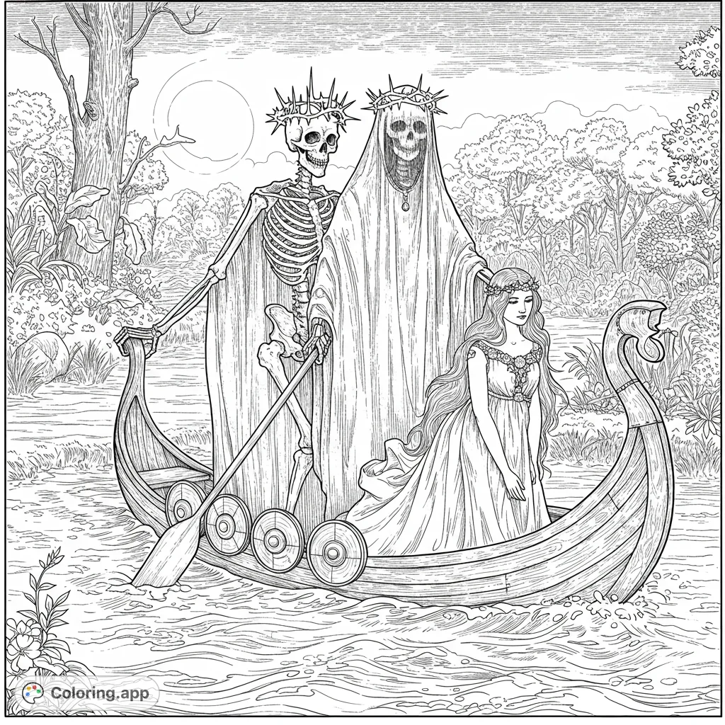 A gothic fantasy scene featuring two skeletal figures and a maiden in a boat on a river, surrounded by lush, detailed foliage under a full moon.
