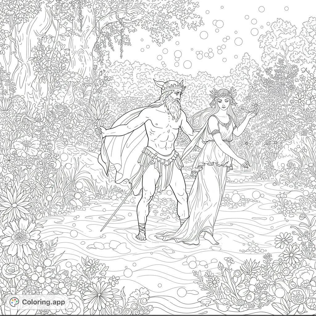 Mythic figures walk through an enchanted forest stream, surrounded by intricate flowers and lush foliage. A detailed fantasy coloring page.