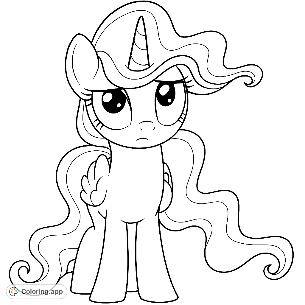 A charming unicorn pony coloring page featuring a sweet, expressive face, flowing mane and tail, and delicate wings. Perfect for fantasy lovers.