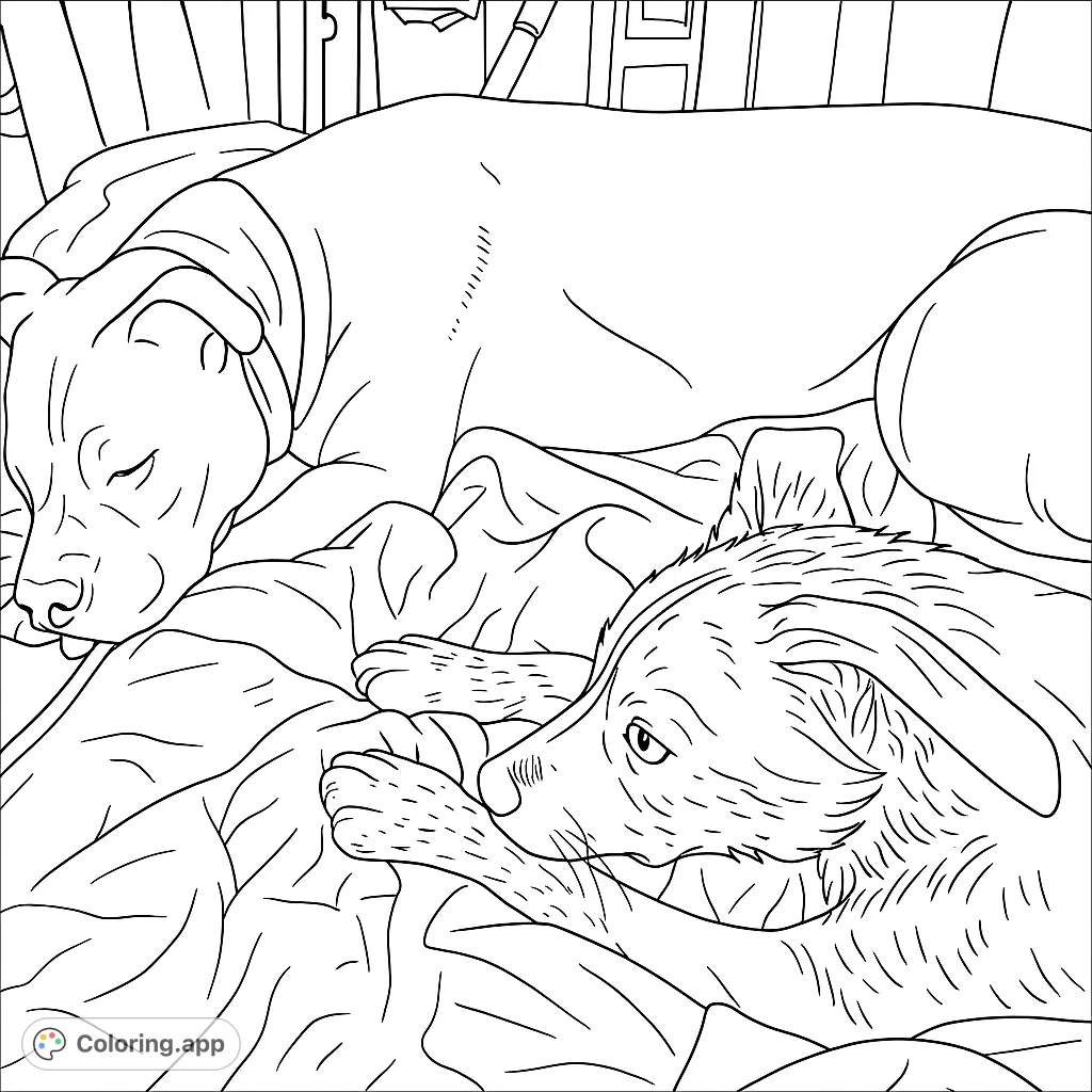 A heartwarming sleeping dogs coloring page featuring two peaceful canines nestled on a soft blanket, perfect for relaxation and pet lovers.
