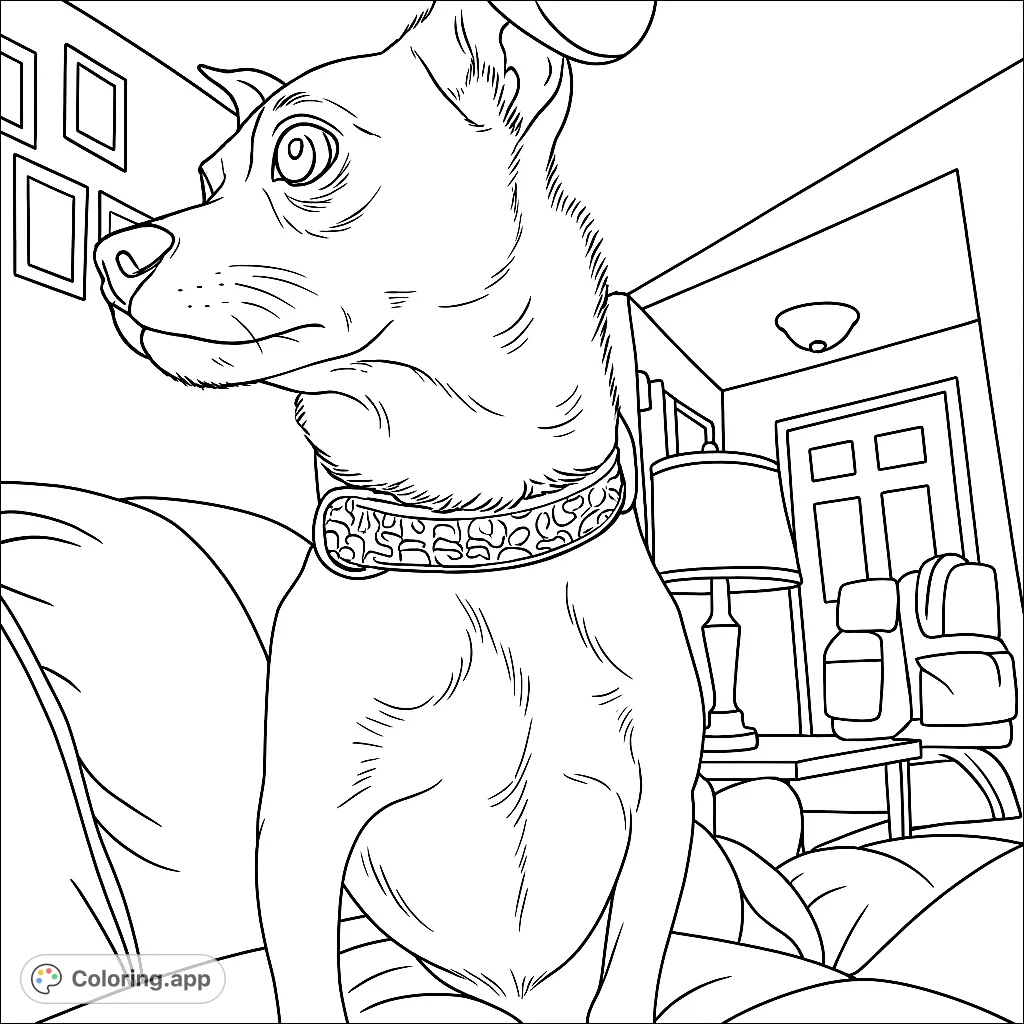 An adorable dog with a patterned collar sits alertly on a couch in a cozy room, ready for your creative colors. A charming free printable dog coloring page.