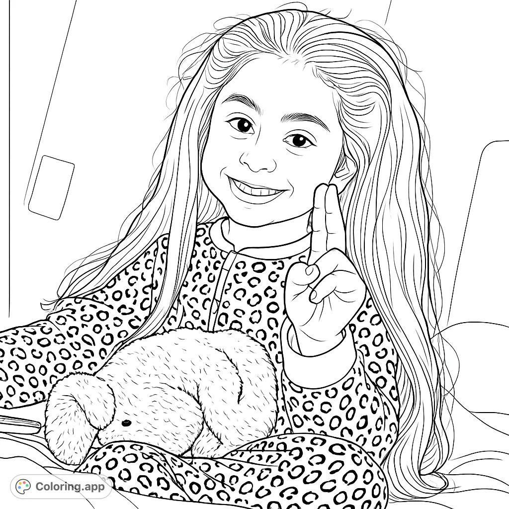 A happy girl in leopard pajamas with her plush bunny, holding up two fingers. A cozy, charming scene perfect for a free printable coloring page.