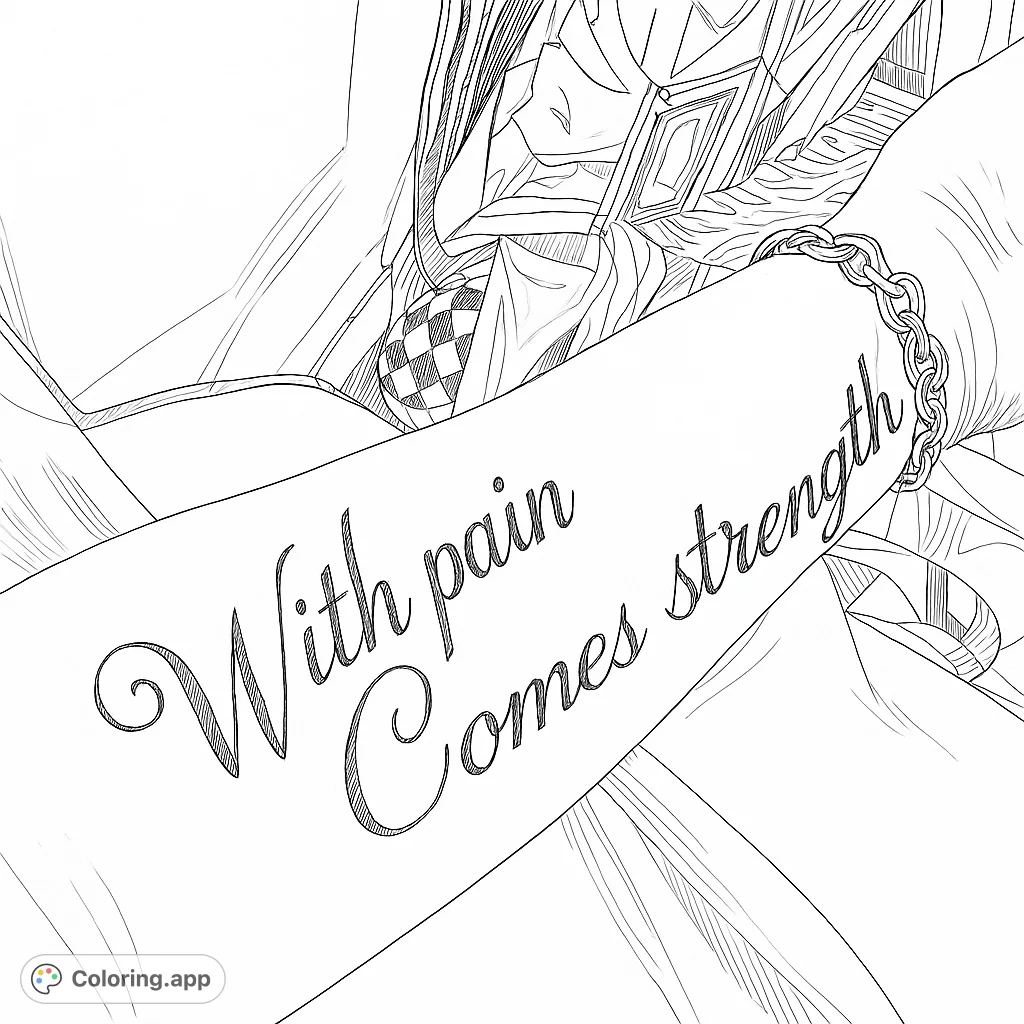 Detailed black and white line drawing of an arm with a chain bracelet and patterned fabric background. Perfect for fashion and accessory coloring.