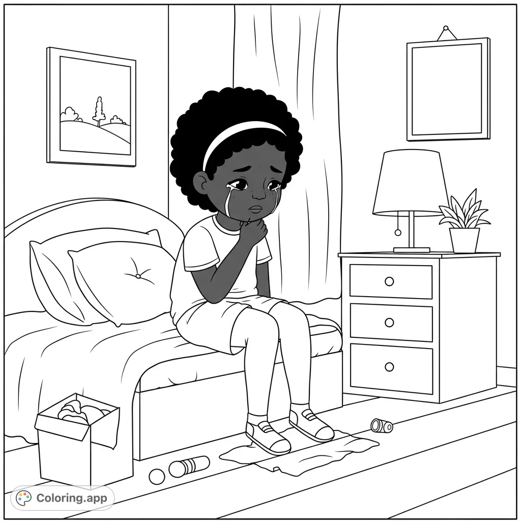 A poignant scene of a crying child sitting on a bed in a bedroom, surrounded by everyday objects. A free printable emotional coloring page.