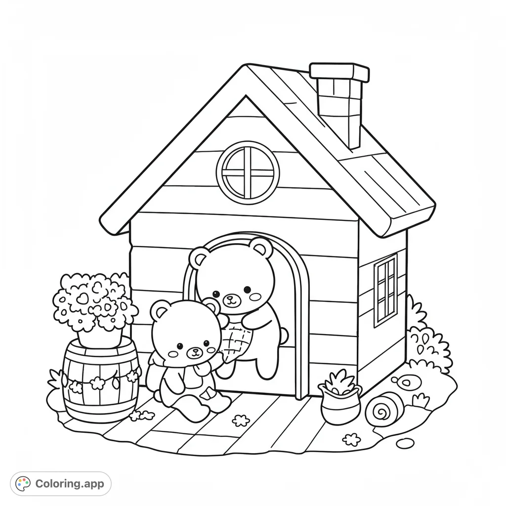 Two adorable teddy bears share a sweet moment outside their charming house. A delightful free printable teddy bear coloring page for kids and adults.