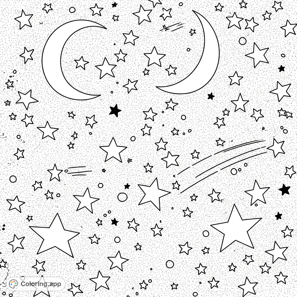 A whimsical celestial night sky with two crescent moons, numerous stars of various sizes, and shooting stars, perfect for a magical coloring experience.