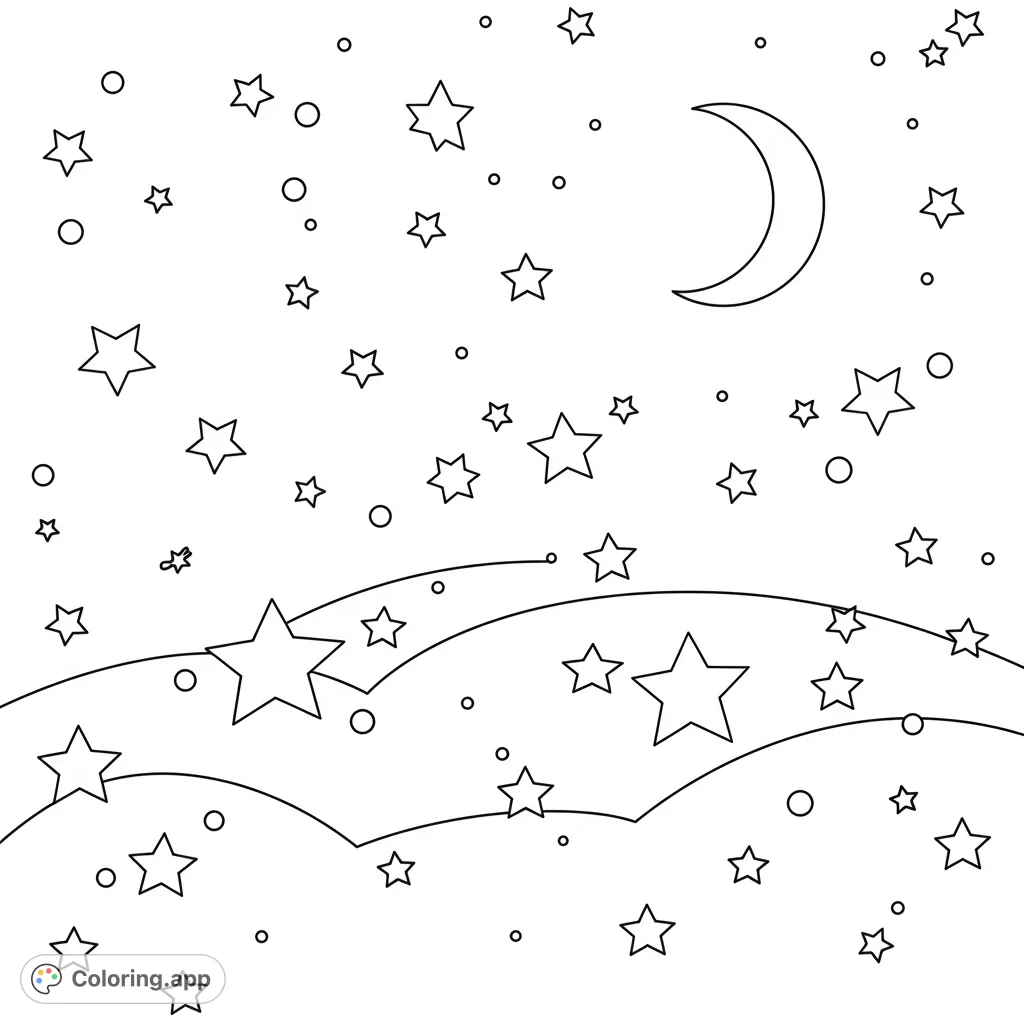 A serene night sky coloring page featuring a crescent moon, twinkling stars, and soft cloud-like shapes. Perfect for peaceful coloring.