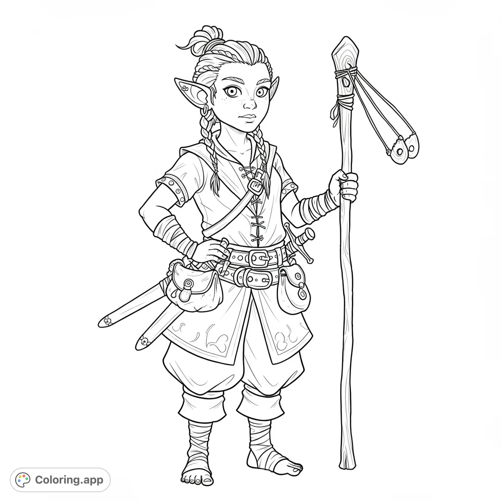 An adventurous elf scout stands ready with staff and pouches. Intricate details on her outfit and accessories offer a fun fantasy coloring challenge.