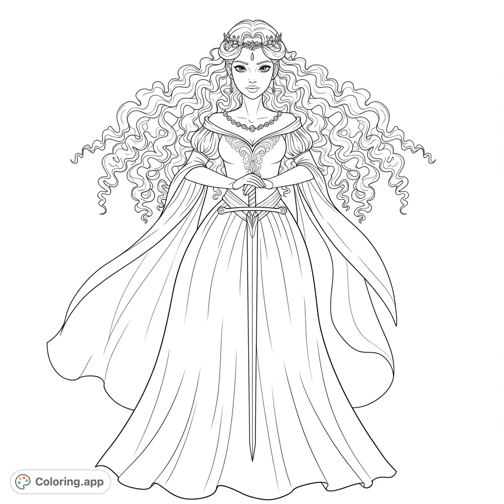 An elegant fantasy queen with flowing curly hair and a sword, ready for adventure. A free printable fantasy queen coloring page for all ages.