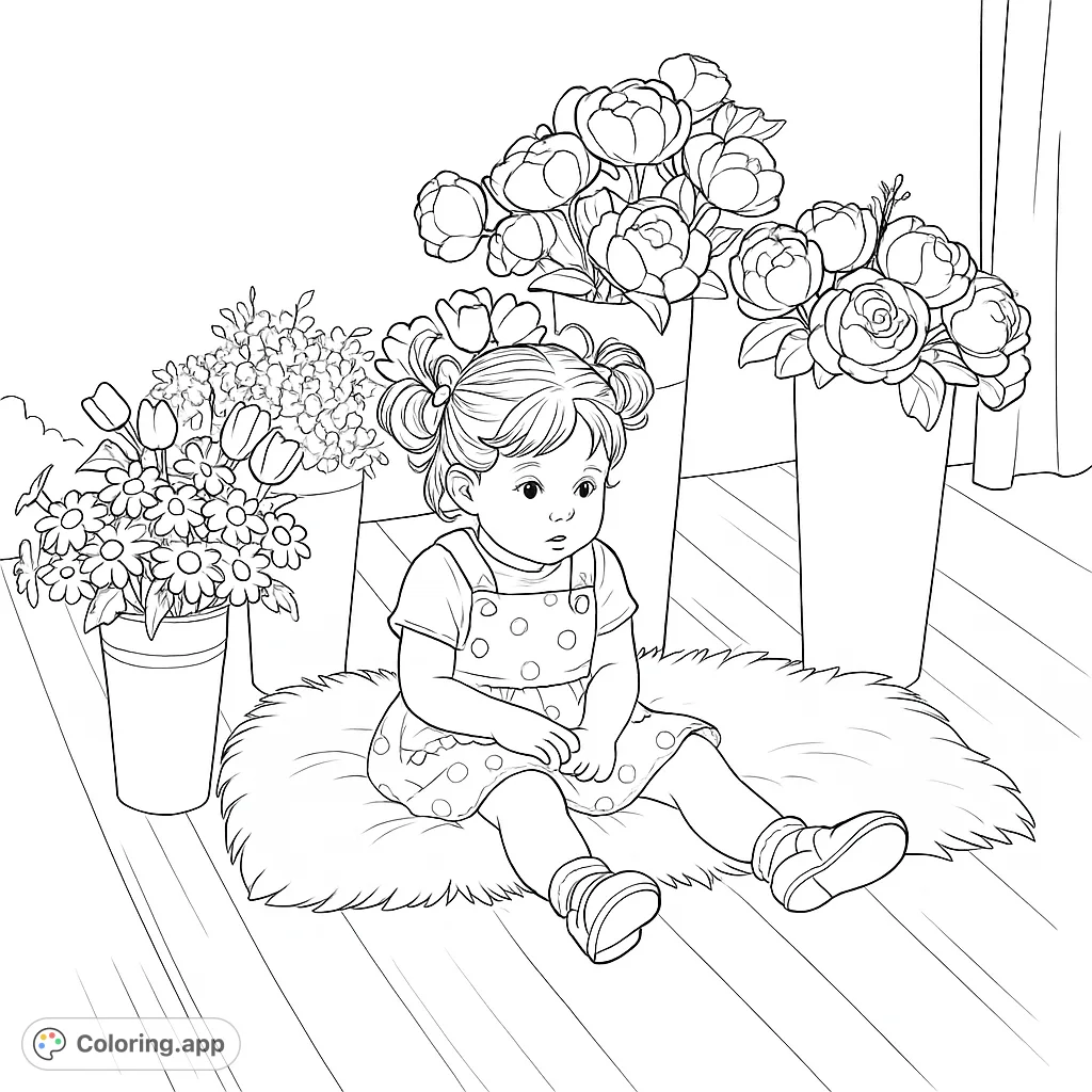 A sweet baby girl sits on a fluffy rug, surrounded by beautiful vases of flowers, perfect for a delightful and charming coloring page.