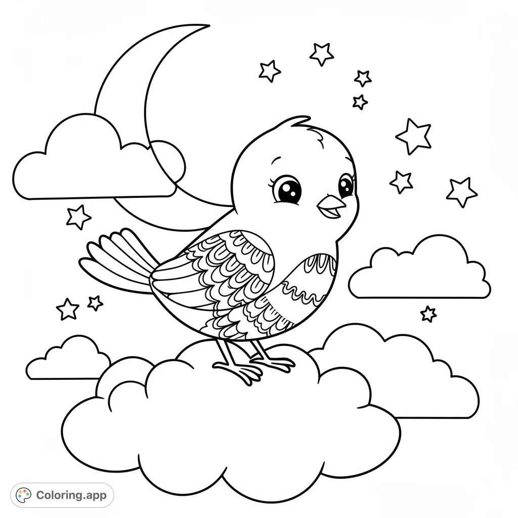 A delightful bird perched on a fluffy cloud under a crescent moon and twinkling stars. A cute bird coloring page for kids, perfect for imaginative play.