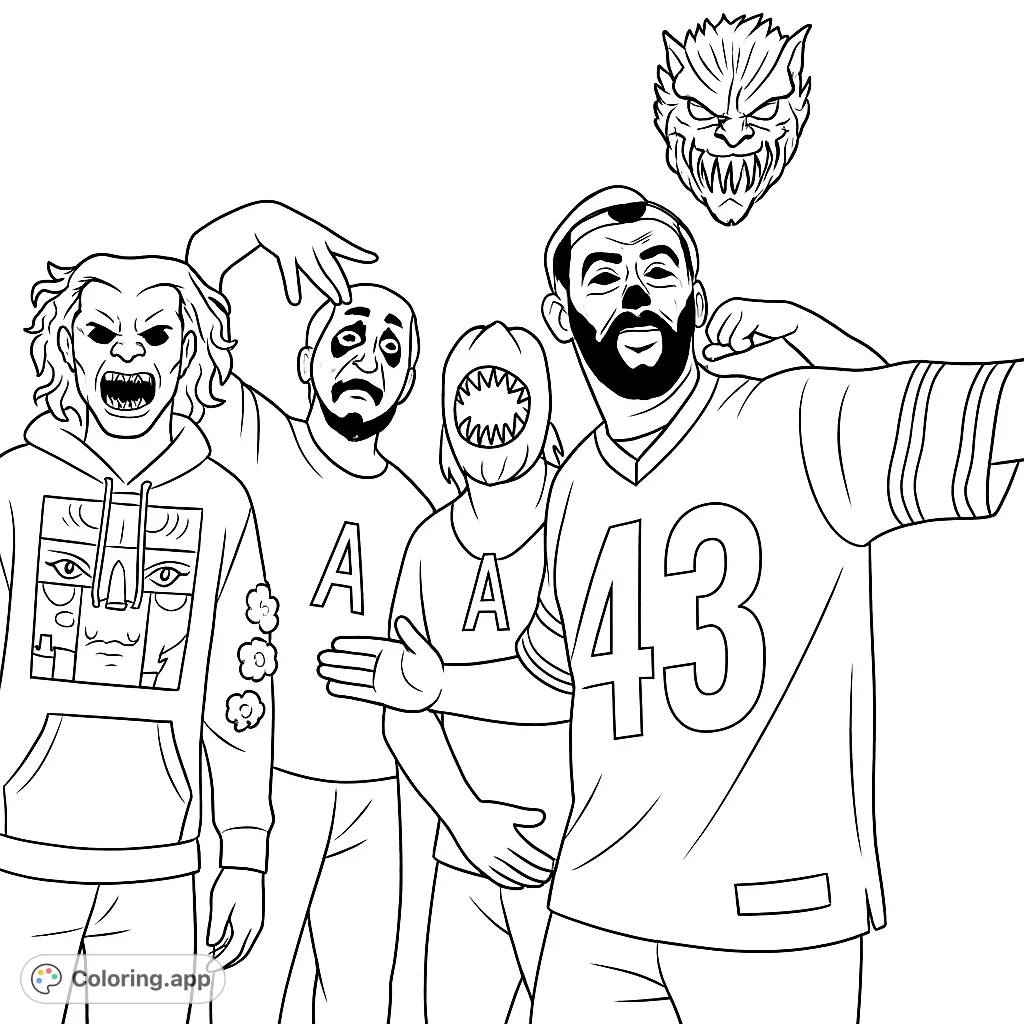 Four figures in elaborate monster and clown costumes pose together, featuring detailed masks, face paint, and a hanging creature mask.