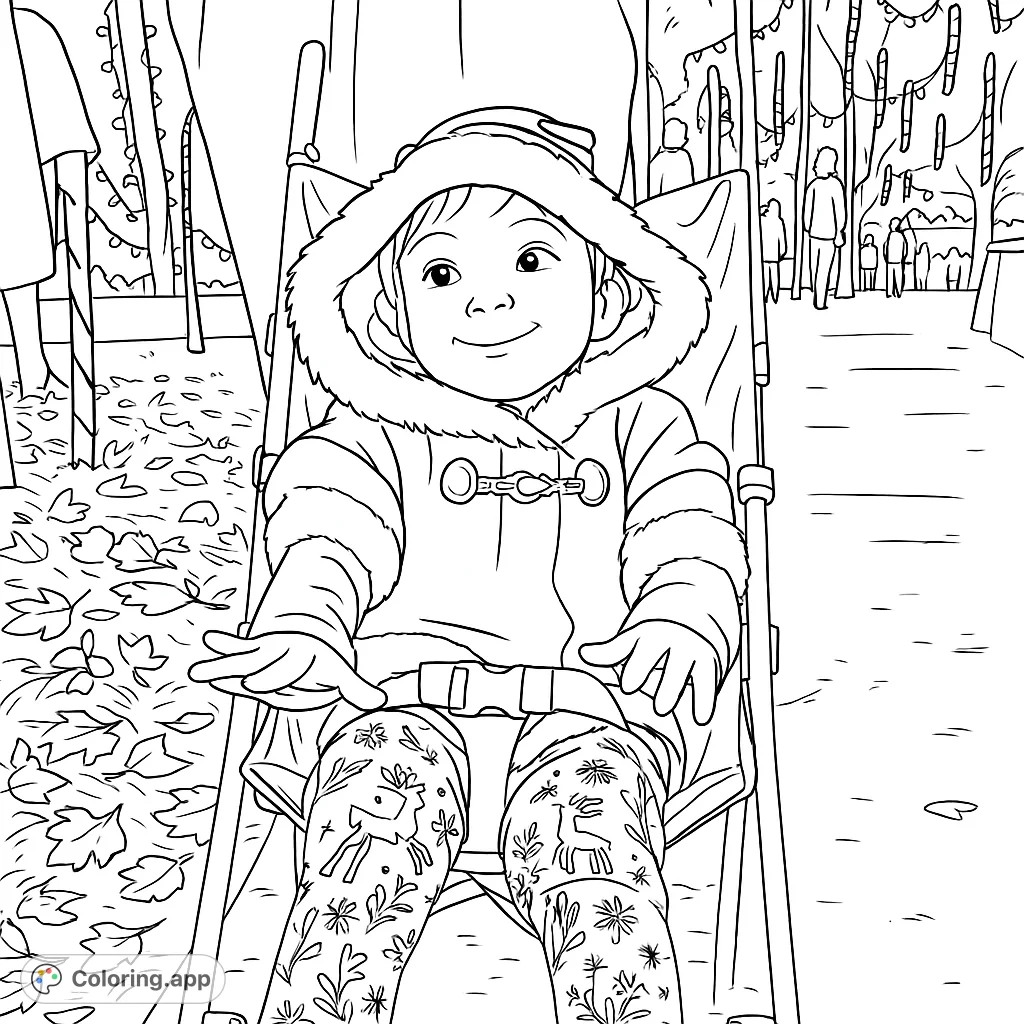 A joyful child in a cozy, fur-lined coat smiles from a stroller, surrounded by festive winter decorations and fallen leaves. Perfect for a heartwarming coloring experience.