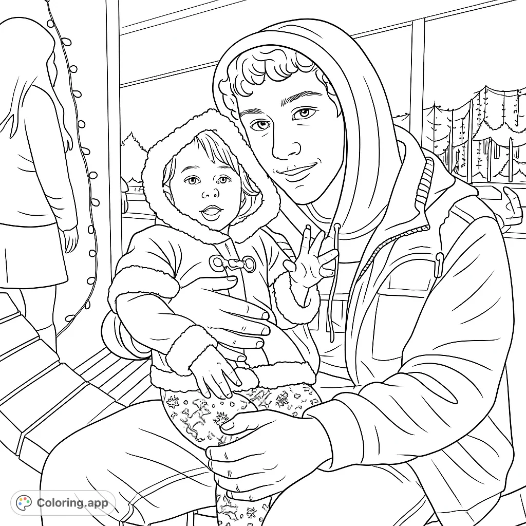 A heartwarming winter scene featuring a young man holding a bundled baby, perfect for a cozy family coloring page.