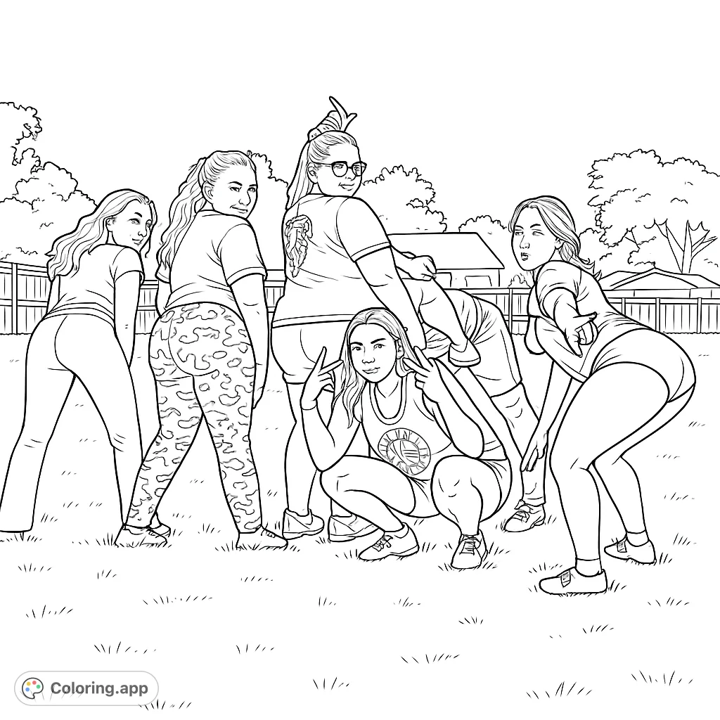 A lively group of six individuals strike various dynamic poses on a grassy field, with a fence and houses in the background. Fun and expressive.