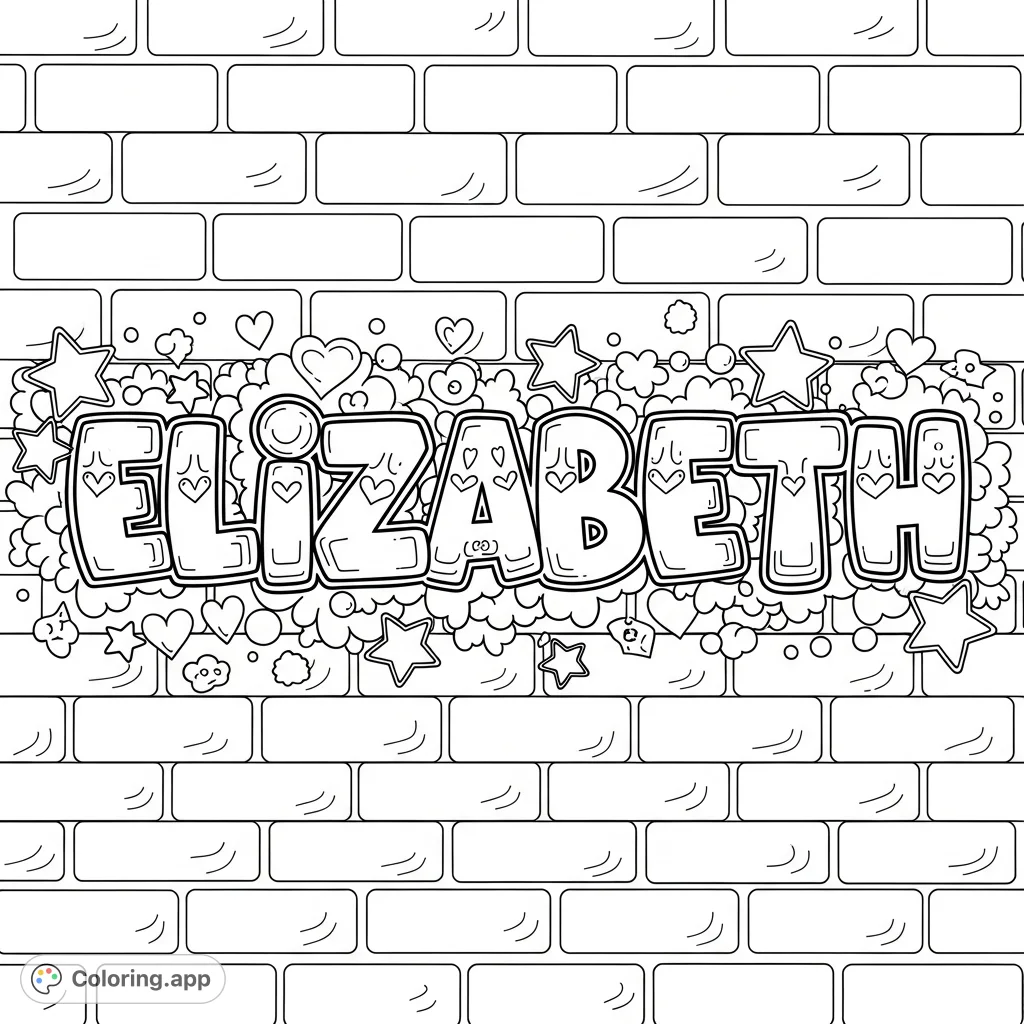 A detailed brick wall featuring stylized 'ELIZABETH' graffiti adorned with playful, cute designs like stars and hearts, perfect for creative expression.