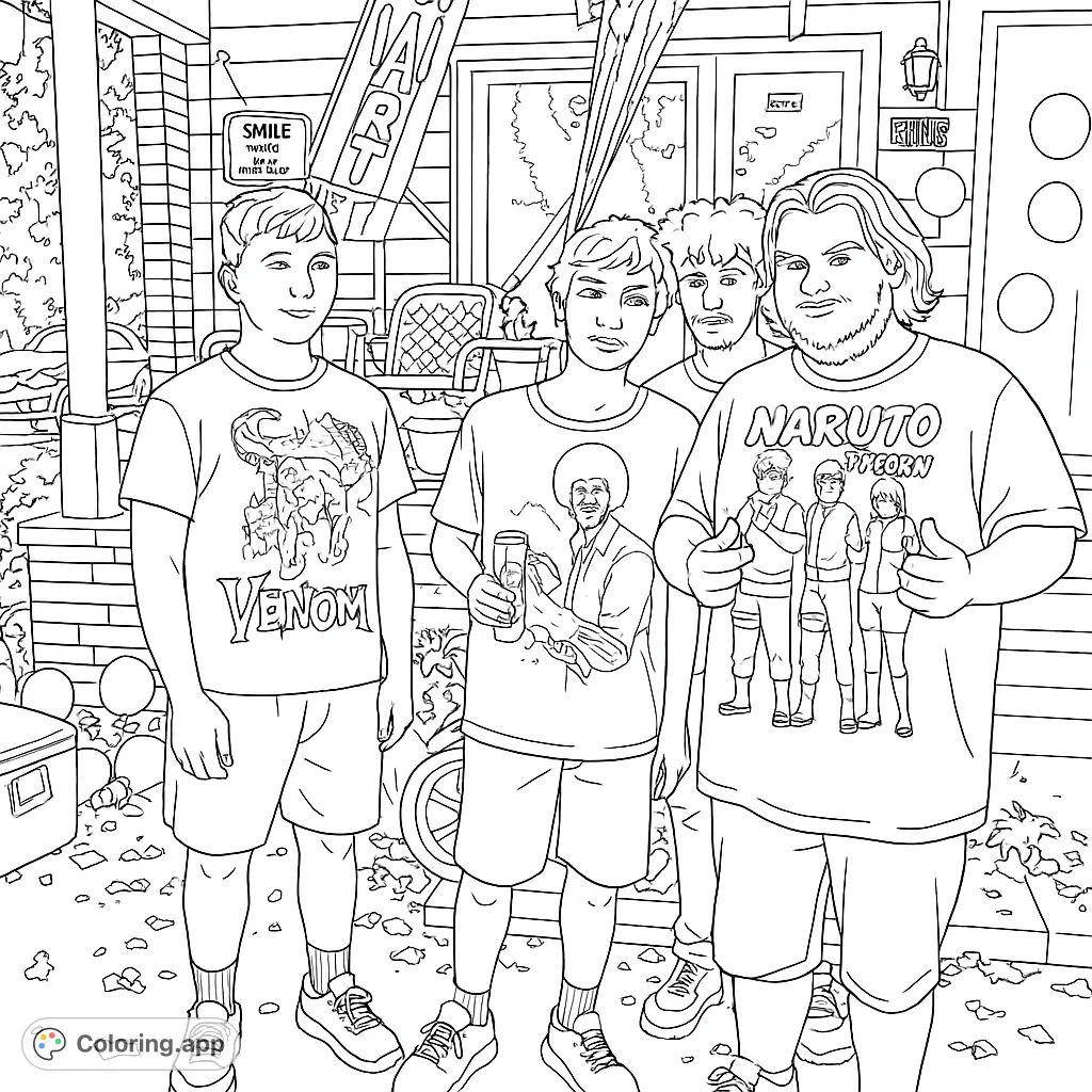 A group of friends gathered on a decorated porch, ready for a celebration. Features detailed t-shirt designs and a lively background.