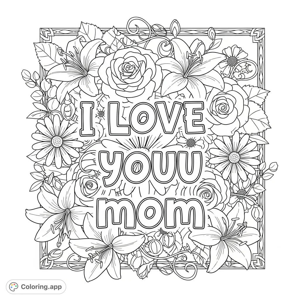 A beautiful "I LOVE YOUU MOM" coloring page adorned with a rich assortment of roses, daisies, and lilies, perfect for a heartfelt tribute.