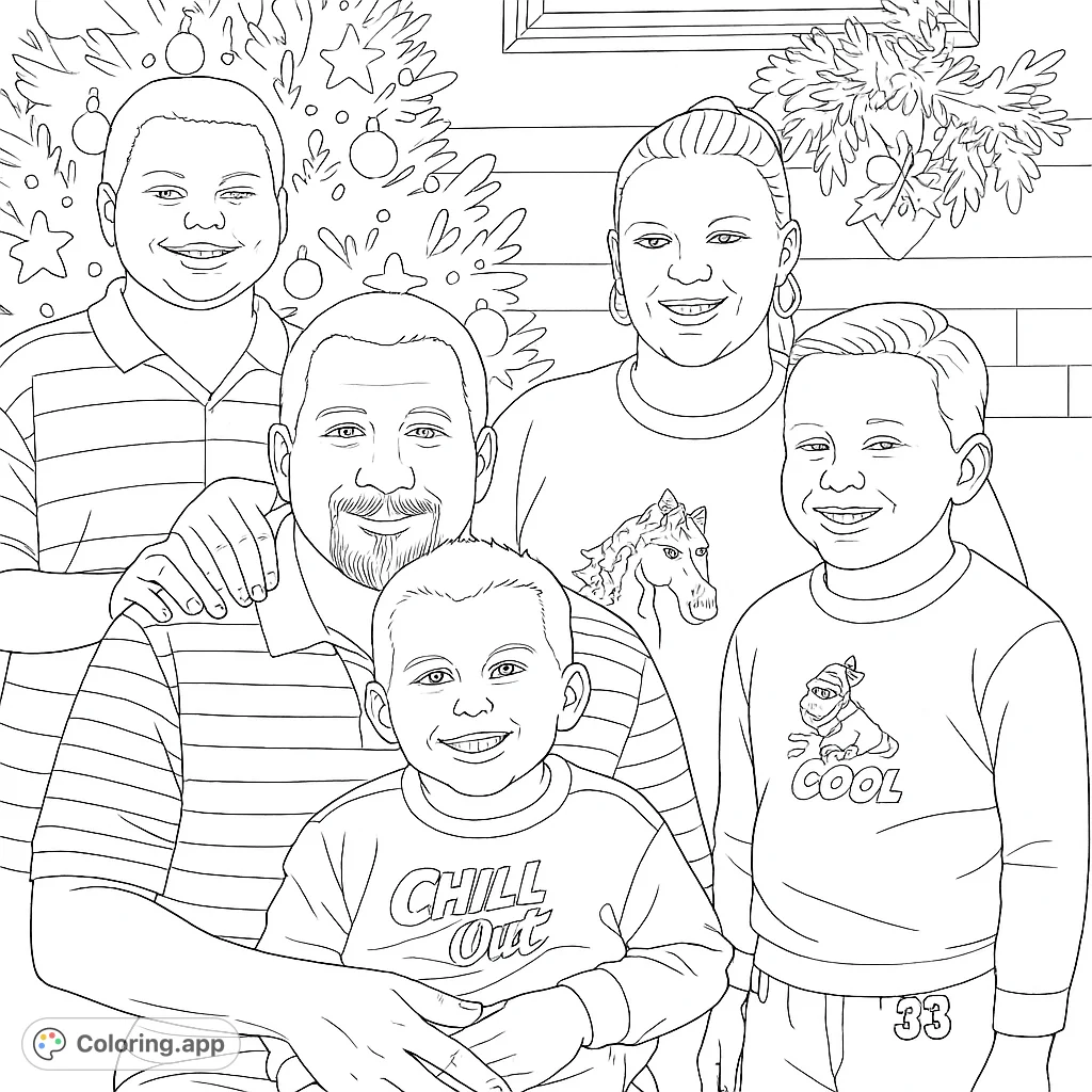 A heartwarming family holiday portrait featuring five smiling members, a festive Christmas tree, and decorative garland, perfect for a free printable coloring page.