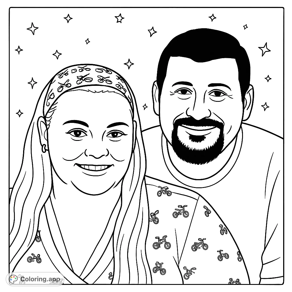 A cheerful couple smiles, adorned with unique bicycle patterns and surrounded by stars. A delightful free printable coloring page for all ages.