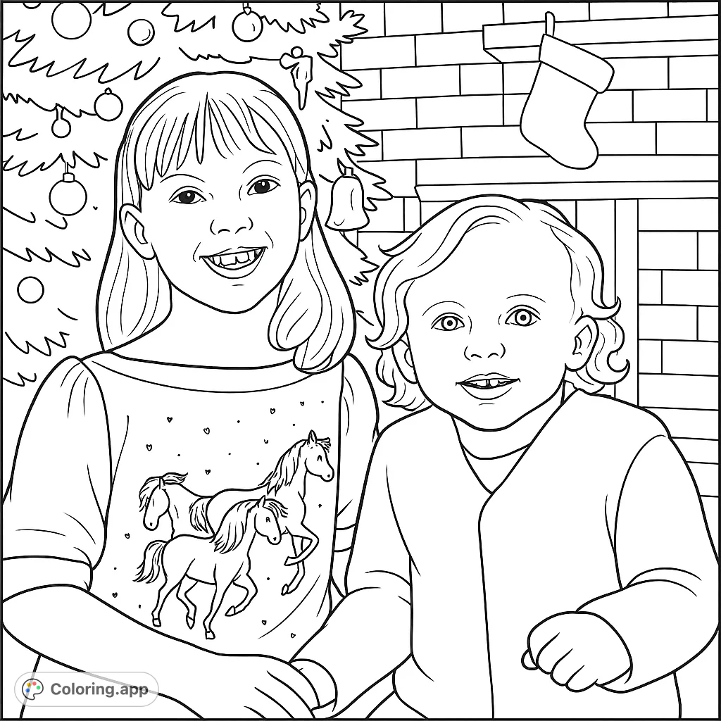 A heartwarming Christmas coloring page featuring two smiling children by a decorated tree and fireplace. Perfect for holiday fun and family bonding.