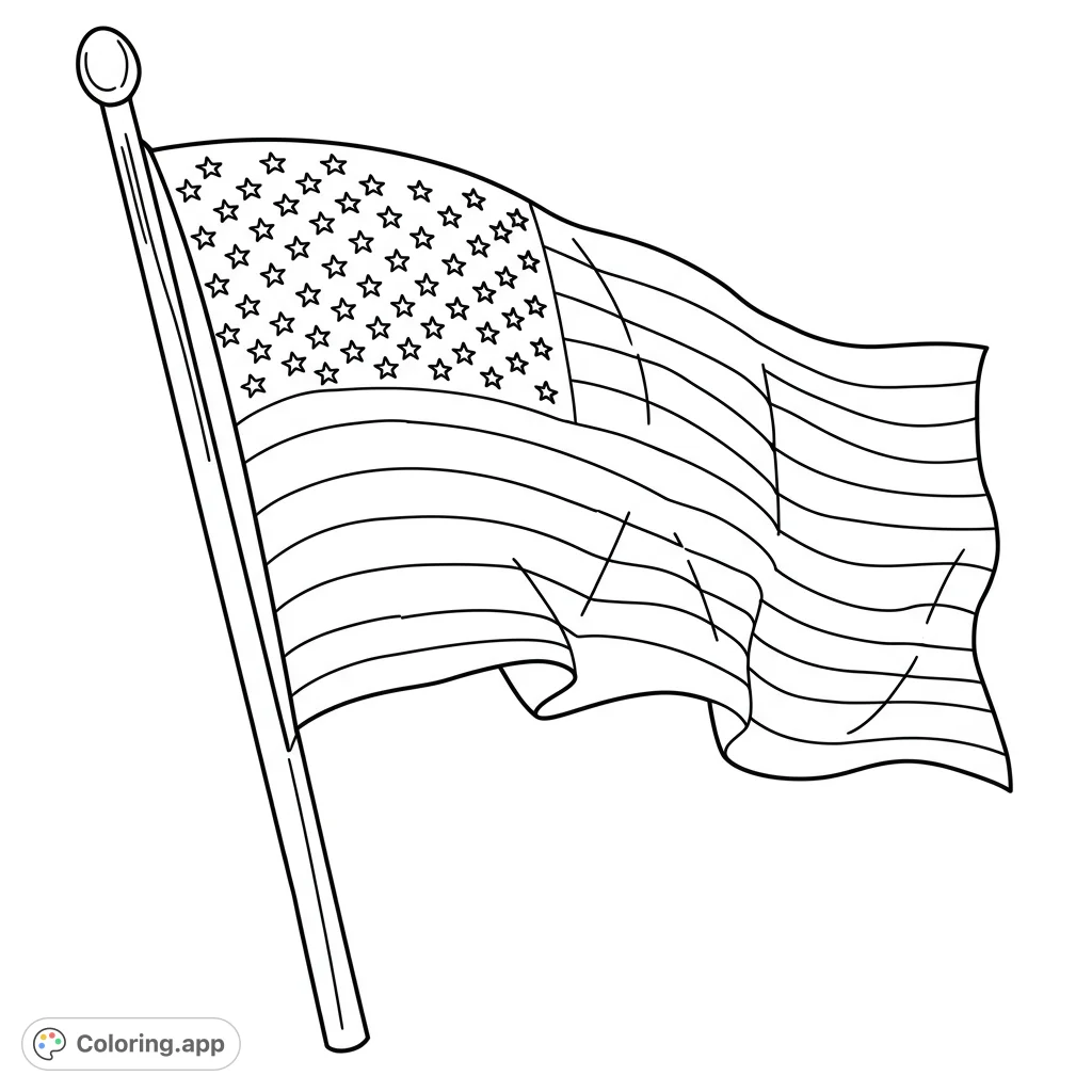 A free printable American flag coloring page featuring the Stars and Stripes waving on a flagpole, perfect for patriotic celebrations and learning.