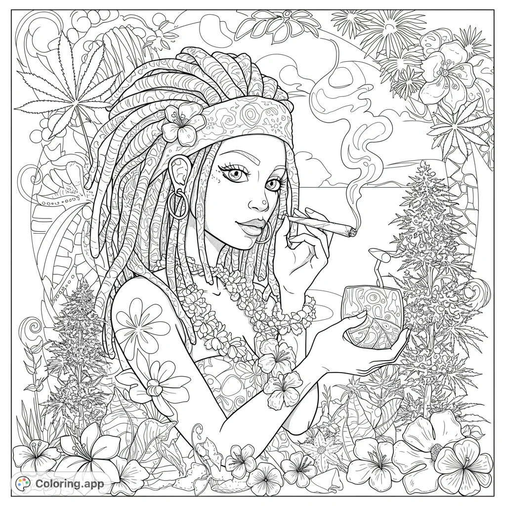 A serene woman with dreadlocks amidst lush cannabis and tropical flowers, enjoying a moment of relaxation. Perfect for detailed coloring.