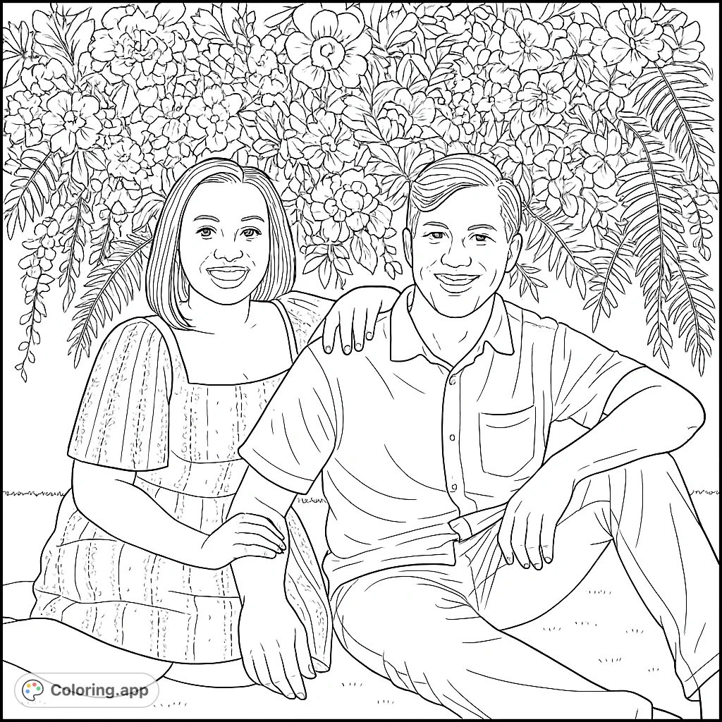 A heartwarming couple coloring page featuring a smiling man and woman seated amidst a lush, detailed floral garden. Perfect for relaxation.