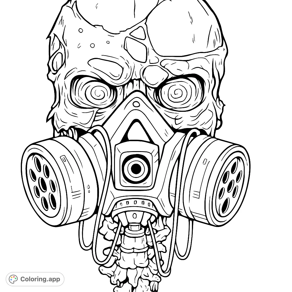 A striking post-apocalyptic skull with spiral eyes and an intricate gas mask. A unique free printable coloring page for dark art enthusiasts.