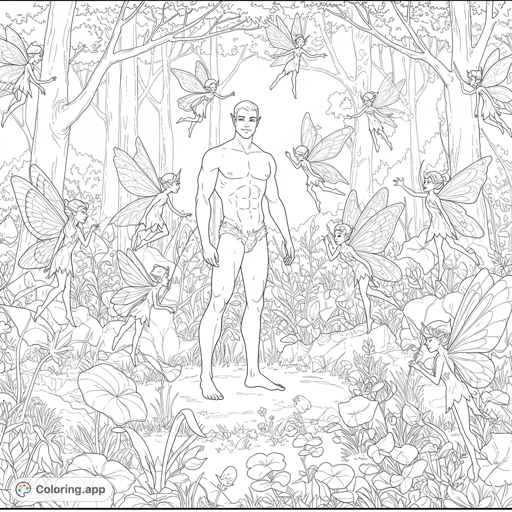 An enchanting fantasy forest coloring page featuring a handsome elf surrounded by playful fairies amidst lush foliage. Free printable for magical adventures.