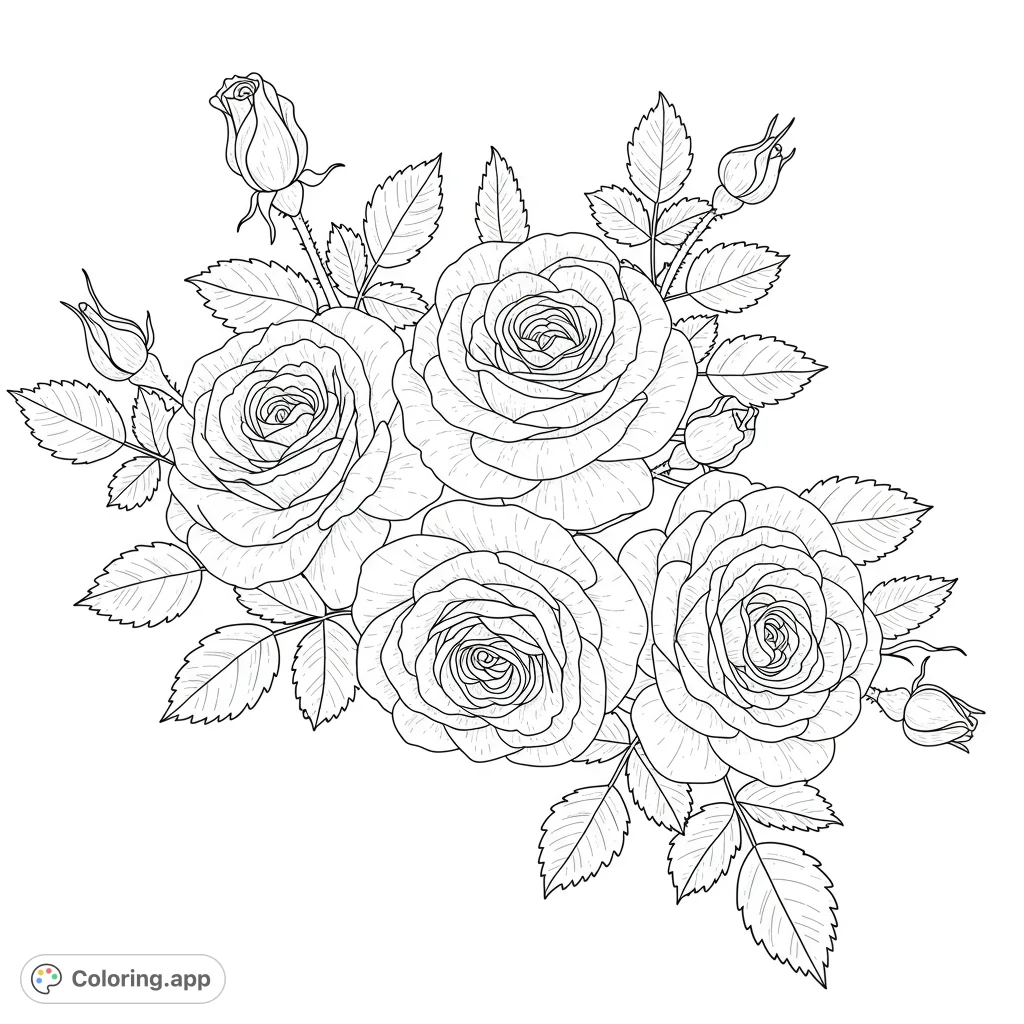 A beautiful rose bouquet coloring page featuring four detailed blooms, delicate rosebuds, and lush leaves. Perfect for floral enthusiasts.
