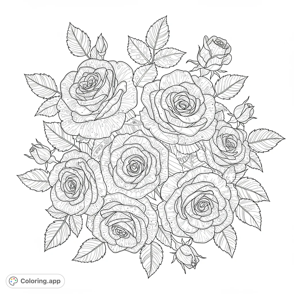 An intricate rose bouquet coloring page featuring detailed petals, leaves, and buds. A beautiful free printable floral coloring page for adults.